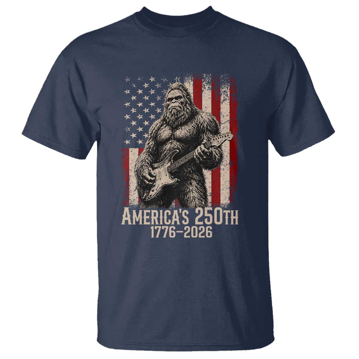 Americas 250th Anniversary 1776-2026 Bigfoot Rock Star T Shirt Playing Electric Guitar Distressed American Flag Graphic