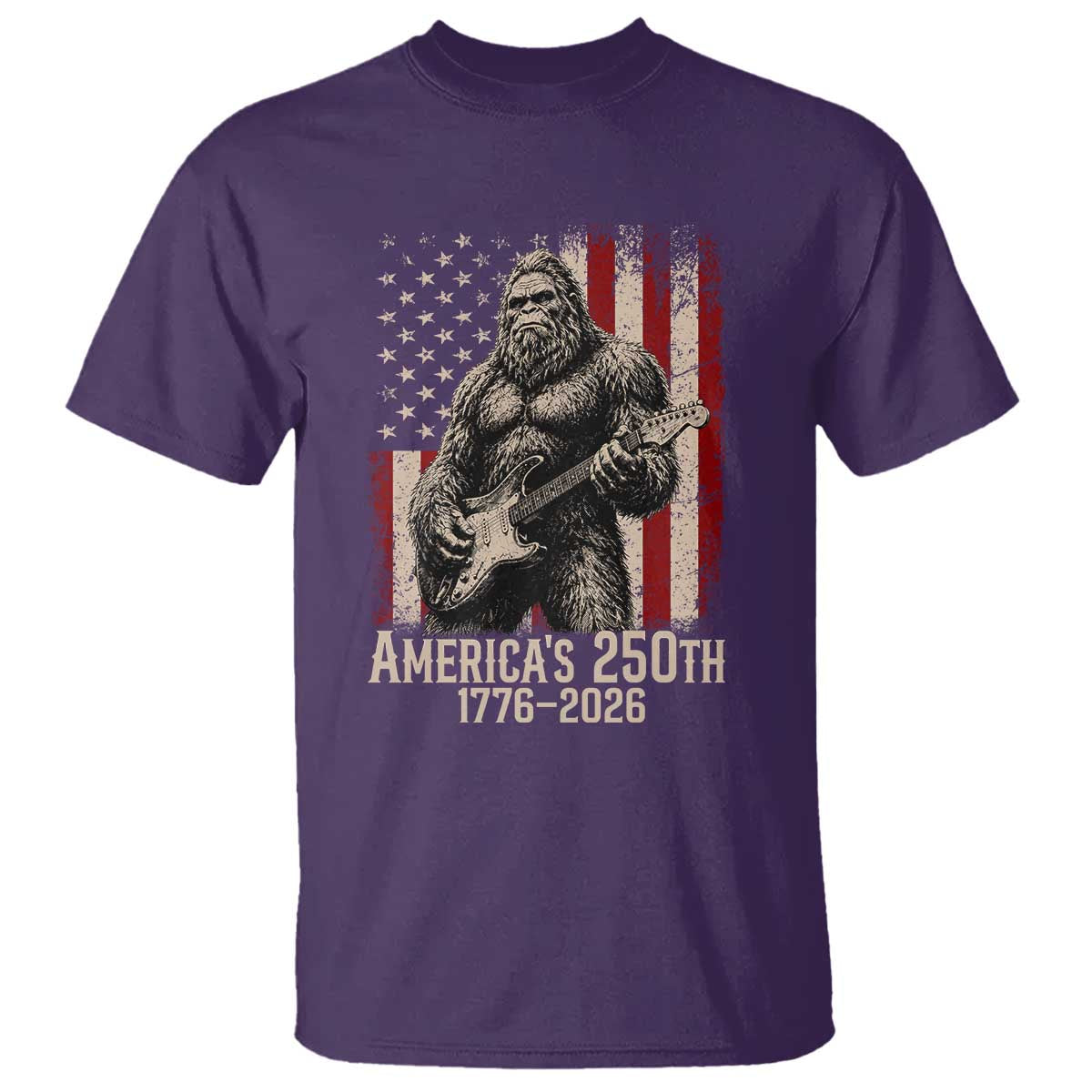 Americas 250th Anniversary 1776-2026 Bigfoot Rock Star T Shirt Playing Electric Guitar Distressed American Flag Graphic