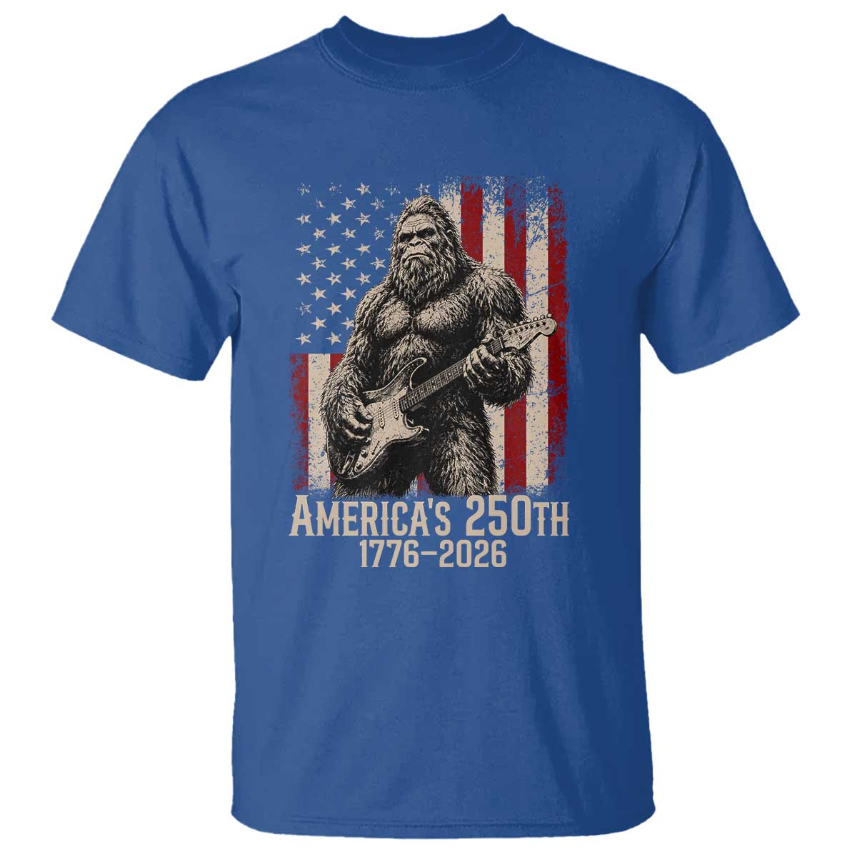 Americas 250th Anniversary 1776-2026 Bigfoot Rock Star T Shirt Playing Electric Guitar Distressed American Flag Graphic