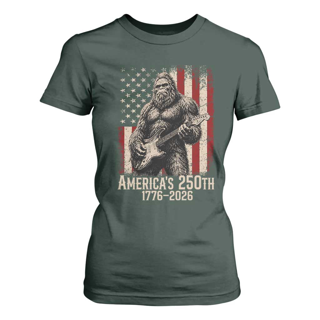 Americas 250th Anniversary 1776-2026 Bigfoot Rock Star T Shirt For Women Playing Electric Guitar Distressed American Flag Graphic