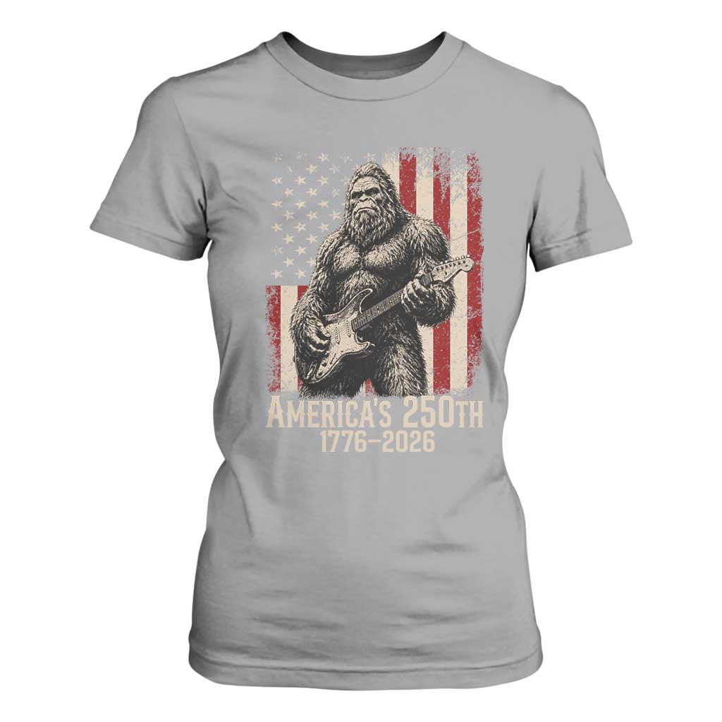 Americas 250th Anniversary 1776-2026 Bigfoot Rock Star T Shirt For Women Playing Electric Guitar Distressed American Flag Graphic