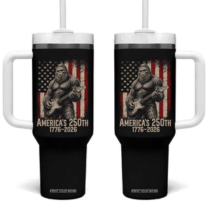 Americas 250th Anniversary 1776-2026 Bigfoot Rock Star Tumbler With Handle Playing Electric Guitar Distressed American Flag Graphic