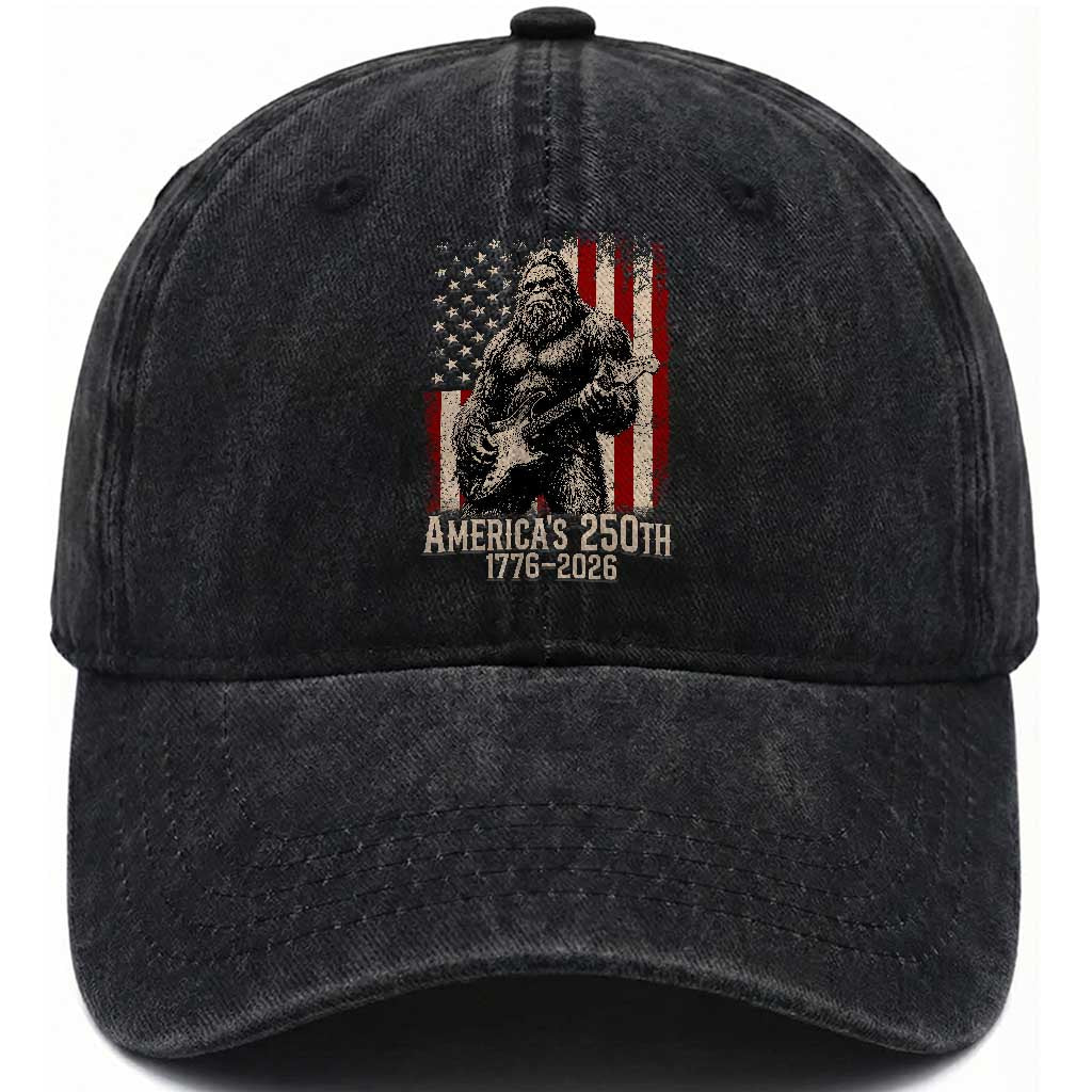 Americas 250th Anniversary 1776-2026 Bigfoot Rock Star Washed Cotton Baseball Cap Playing Electric Guitar Distressed American Flag Graphic TS02 Print Your Wear