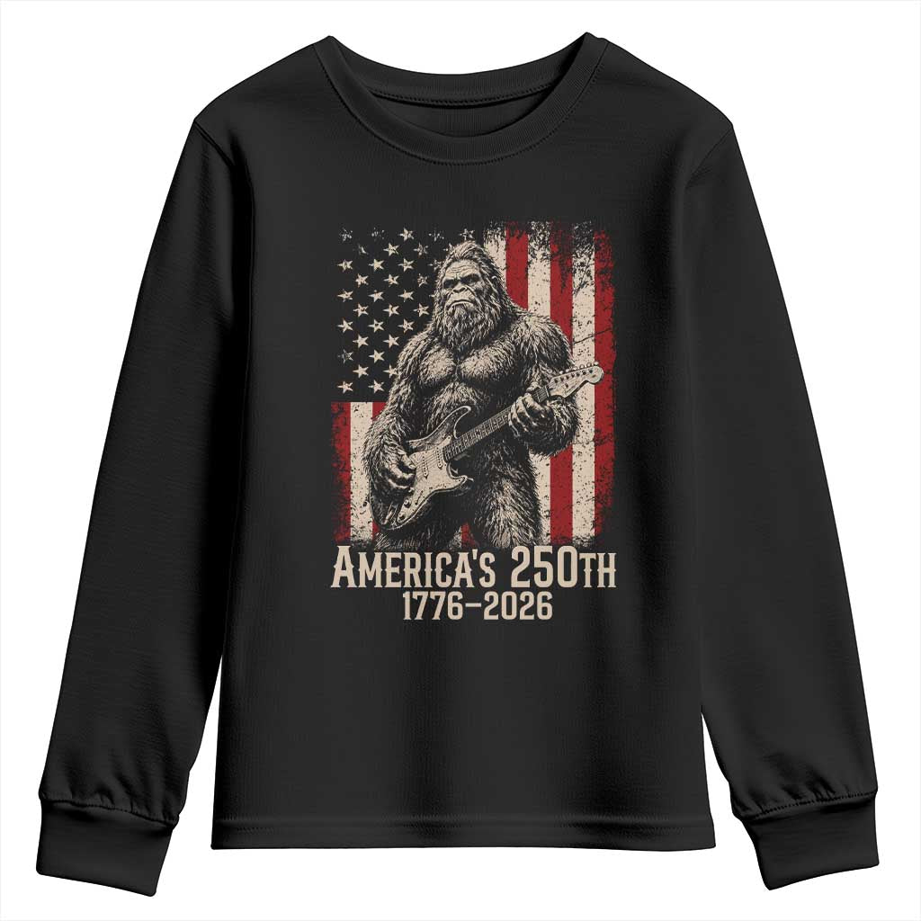 Americas 250th Anniversary 1776-2026 Bigfoot Rock Star Youth Sweatshirt Playing Electric Guitar Distressed American Flag Graphic
