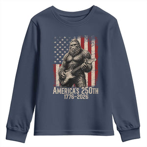 Americas 250th Anniversary 1776-2026 Bigfoot Rock Star Youth Sweatshirt Playing Electric Guitar Distressed American Flag Graphic