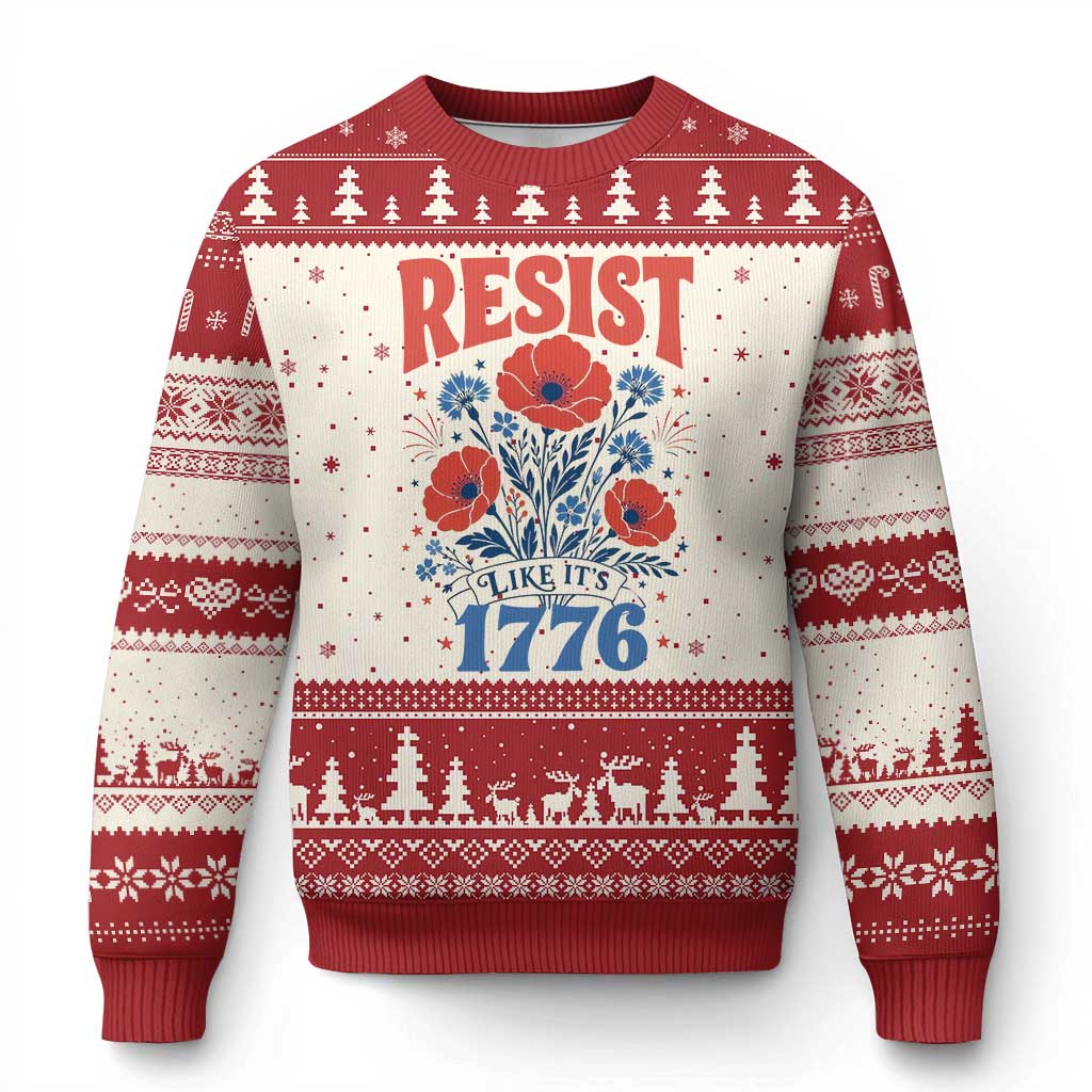 Resist Like Its 1776 Folk Art Floral Botanical Graphic Ugly Christmas Sweater Patriotic Statement Political Satire