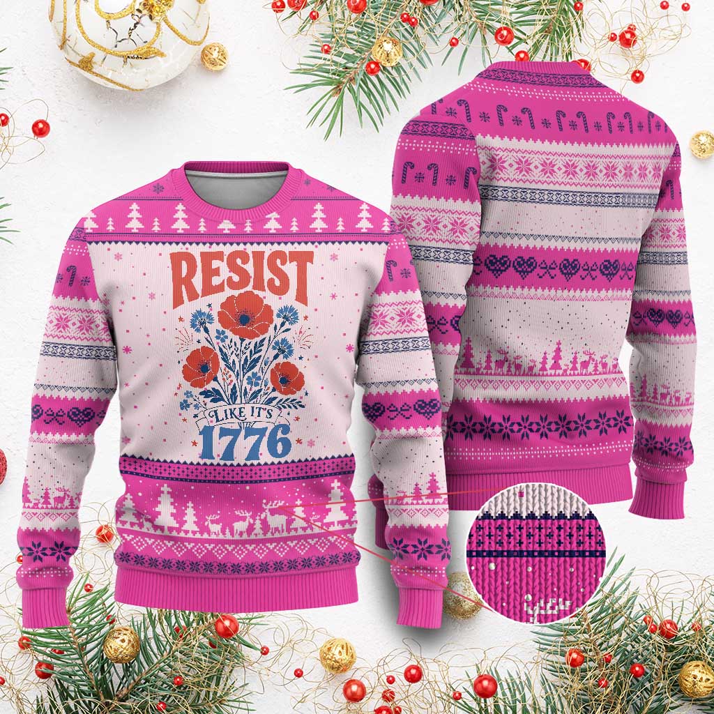 Resist Like Its 1776 Folk Art Floral Botanical Graphic Ugly Christmas Sweater Patriotic Statement Political Satire