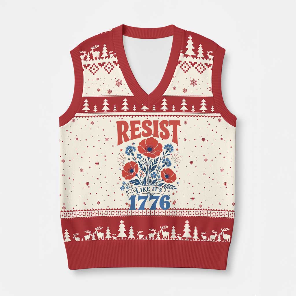 Resist Like Its 1776 Folk Art Floral Botanical Graphic V-Neck Knit Sweater Vest Patriotic Statement Political Satire