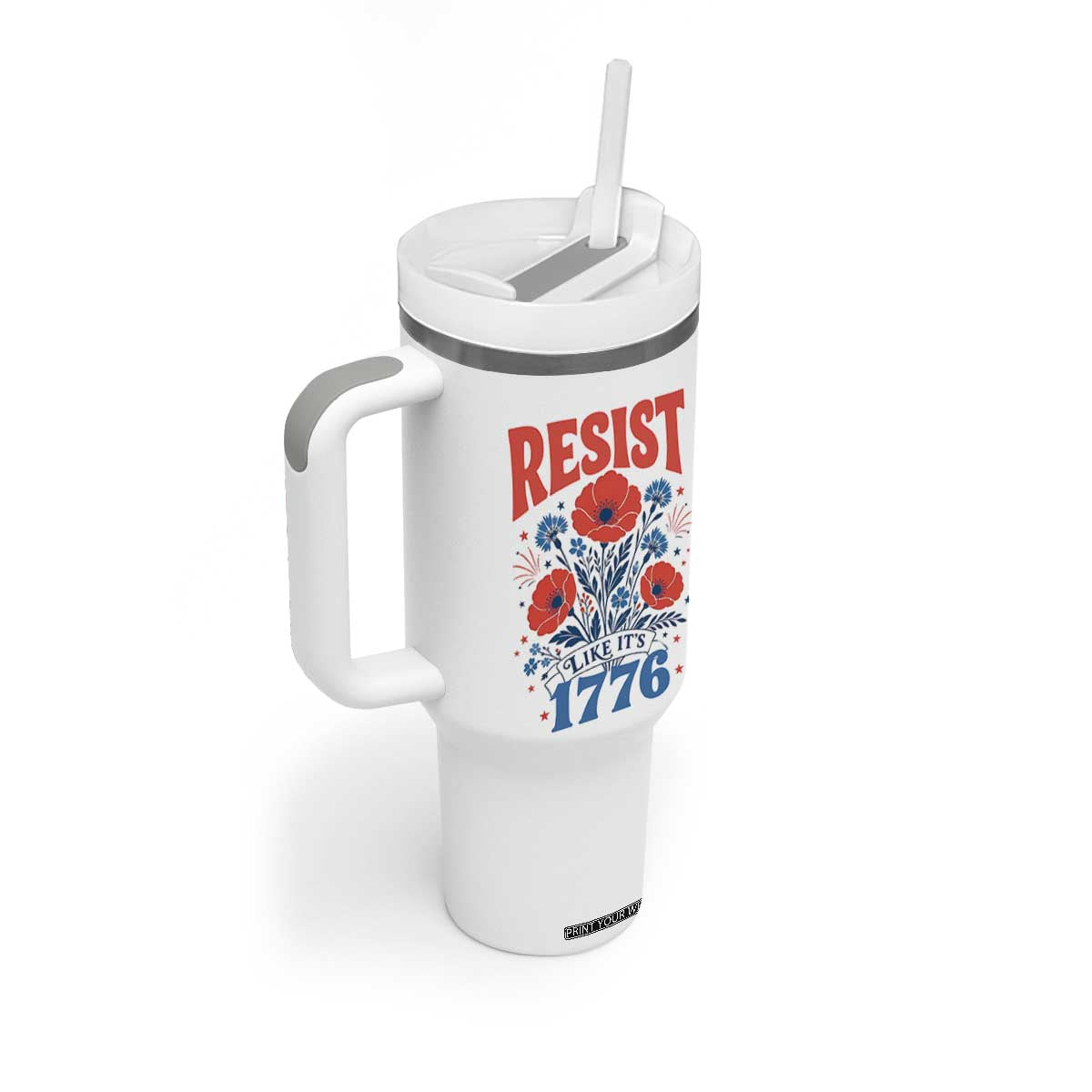 Resist Like Its 1776 Folk Art Floral Botanical Graphic Tumbler With Handle Patriotic Statement Political Satire