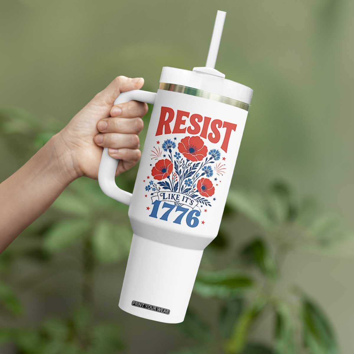 Resist Like Its 1776 Folk Art Floral Botanical Graphic Tumbler With Handle Patriotic Statement Political Satire
