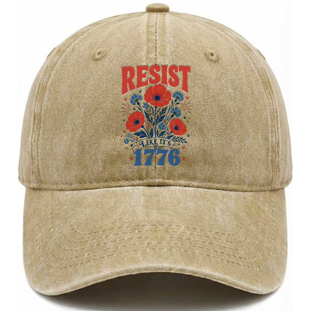 Resist Like Its 1776 Folk Art Floral Botanical Graphic Washed Cotton Baseball Cap Patriotic Statement Political Satire
