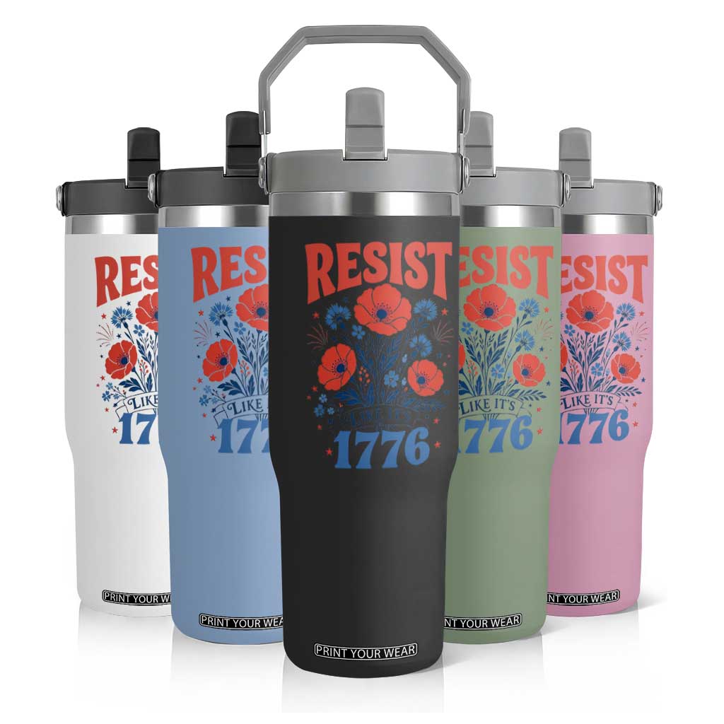 Resist Like Its 1776 Folk Art Floral Botanical Graphic Flip Straw Tumbler Patriotic Statement Political Satire