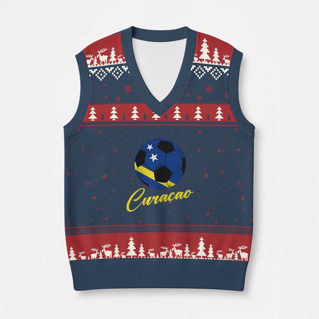 Curaçao Soccer Fans Distressed Flag V-Neck Knit Sweater Vest Football Heritage Pride Support TS02 Navy Red Print Your Wear