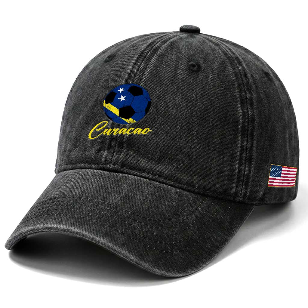 Curaçao Soccer Fans Distressed Flag Washed Cotton Baseball Cap Football Heritage Pride Support