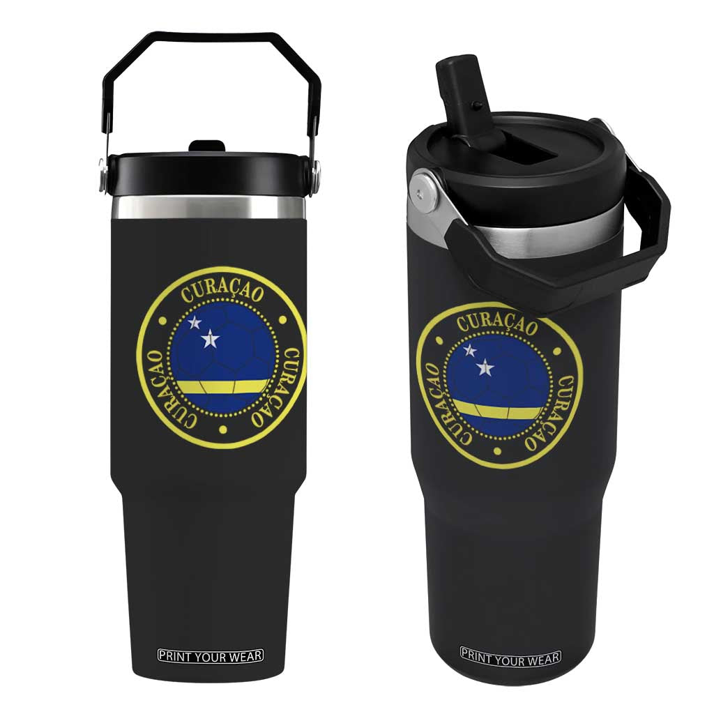 Curaçao Football Pride Circular Crest Vintage Flip Straw Tumbler Curacao Flag Soccer Fans Graphic