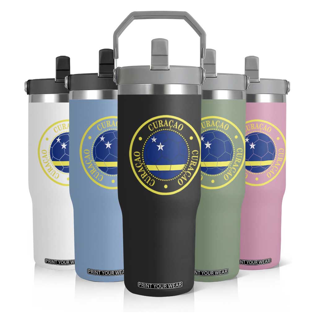 Curaçao Football Pride Circular Crest Vintage Flip Straw Tumbler Curacao Flag Soccer Fans Graphic