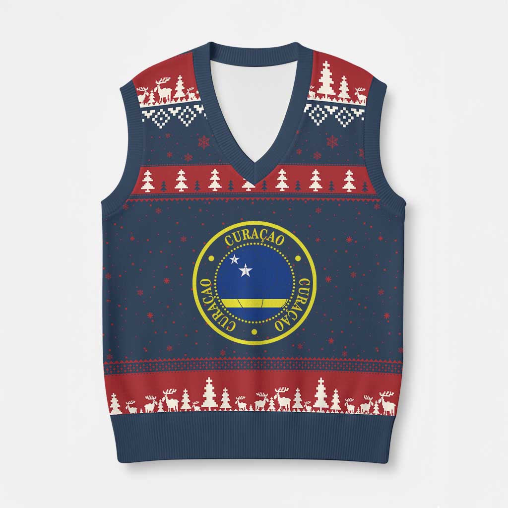 Curaçao Football Pride Circular Crest Vintage V-Neck Knit Sweater Vest Curacao Flag Soccer Fans Graphic