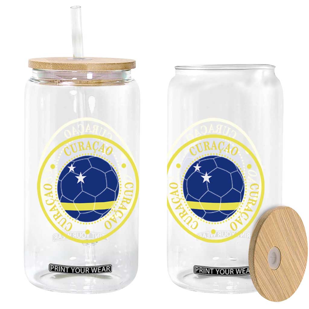 Curaçao Football Pride Circular Crest Vintage Glass Can Curacao Flag Soccer Fans Graphic