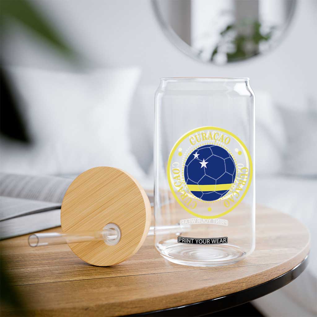 Curaçao Football Pride Circular Crest Vintage Glass Can Curacao Flag Soccer Fans Graphic