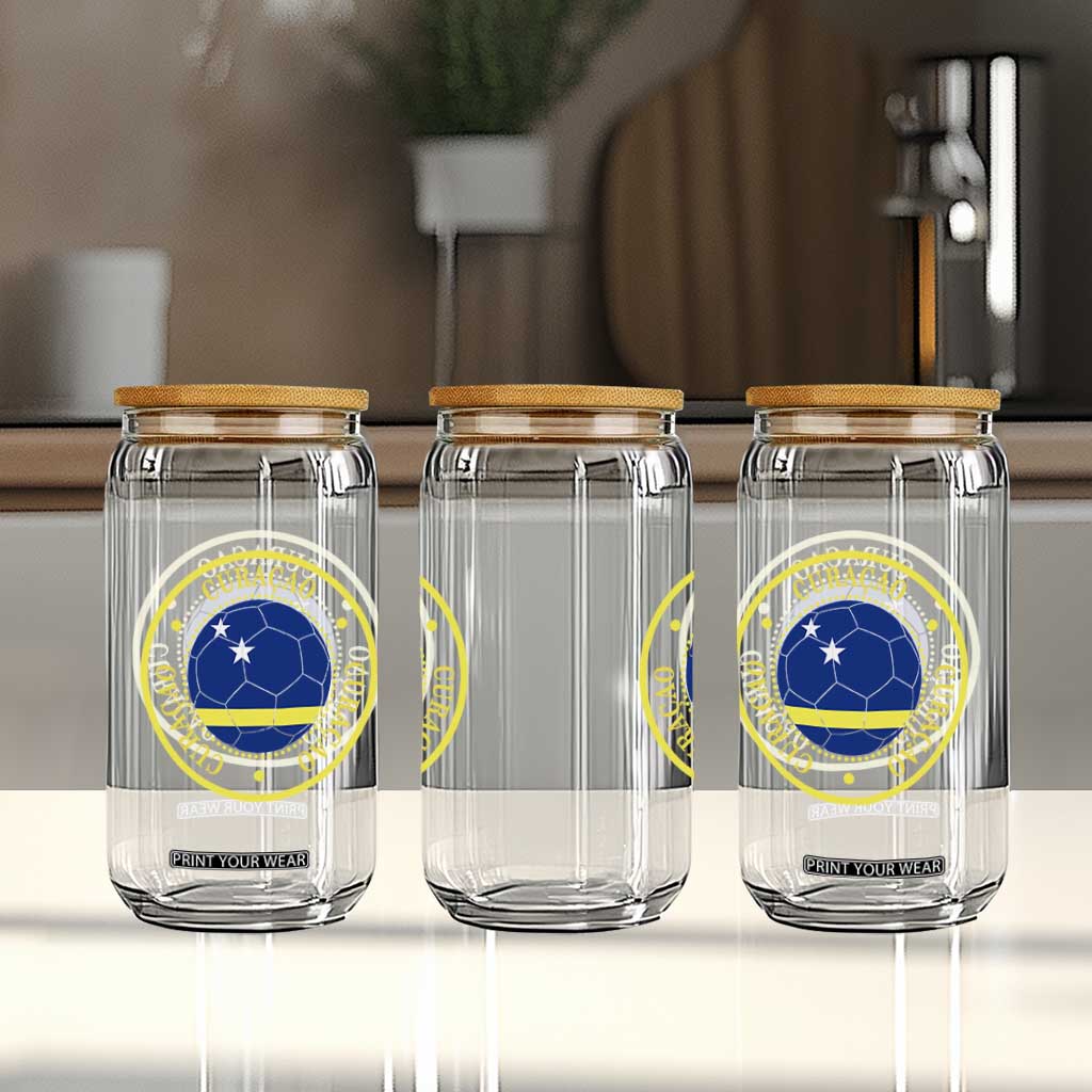 Curaçao Football Pride Circular Crest Vintage Glass Can Curacao Flag Soccer Fans Graphic