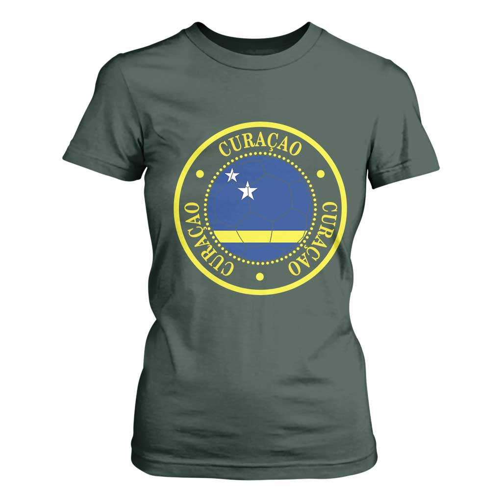 Curaçao Football Pride Circular Crest Vintage T Shirt For Women Curacao Flag Soccer Fans Graphic