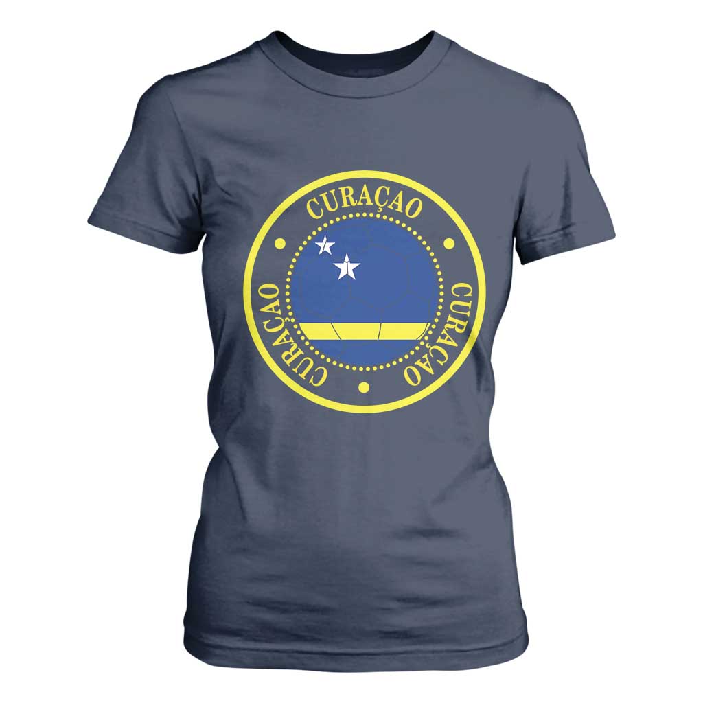 Curaçao Football Pride Circular Crest Vintage T Shirt For Women Curacao Flag Soccer Fans Graphic