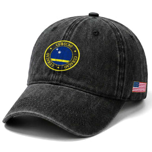 Curaçao Football Pride Circular Crest Vintage Washed Cotton Baseball Cap Curacao Flag Soccer Fans Graphic