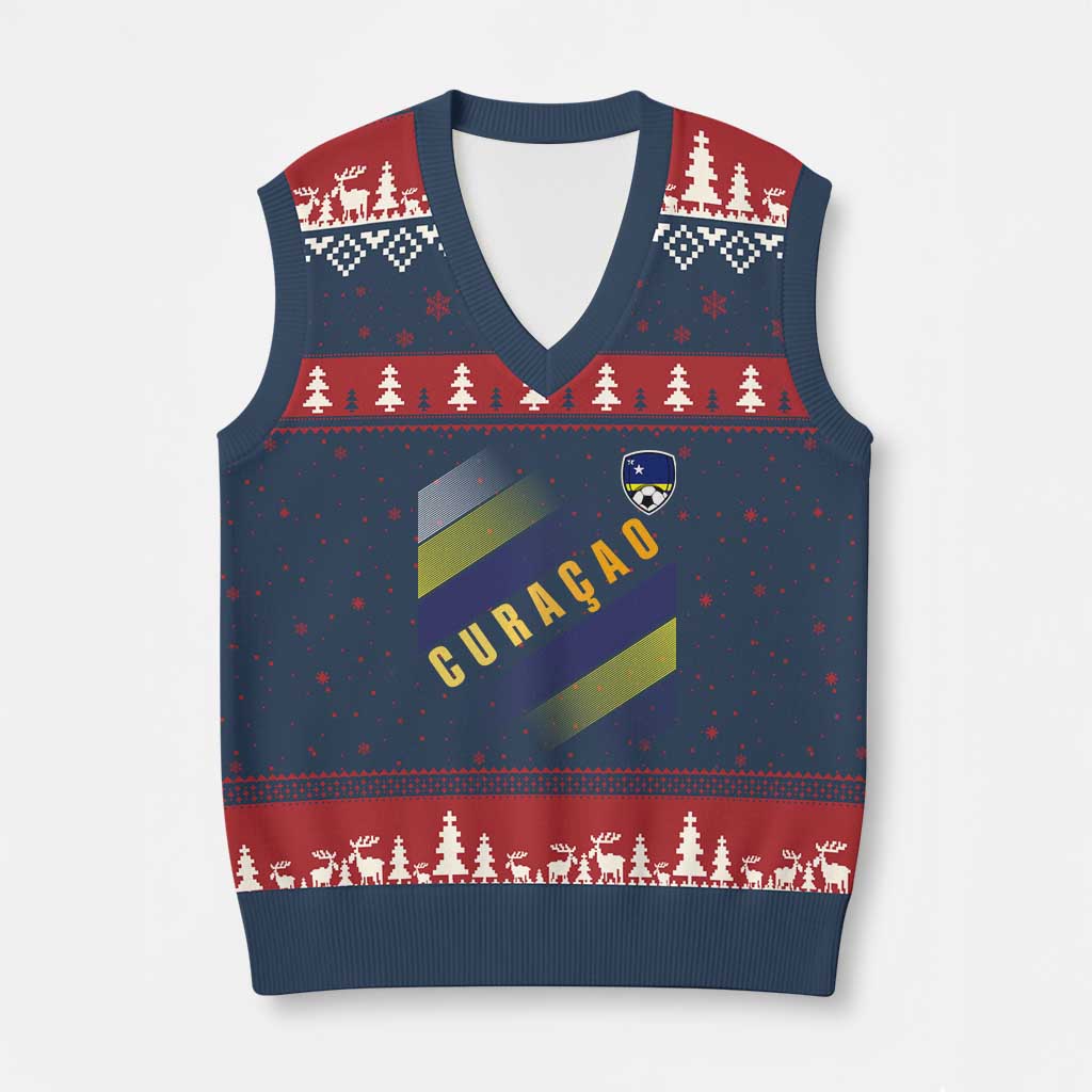 Curaçao Soccer Flag Stripe Jersey Style V-Neck Knit Sweater Vest Football Fans Pride Support TS02 Navy Red Print Your Wear