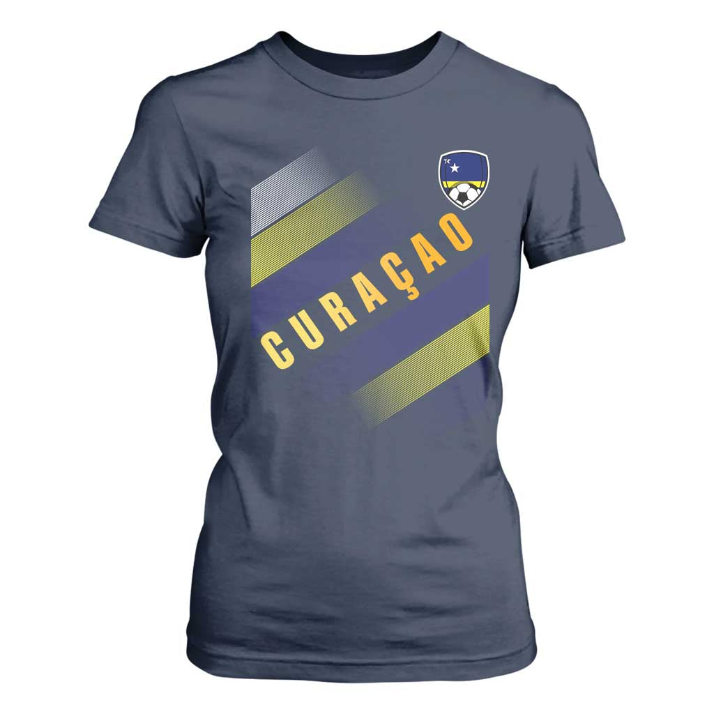 Curaçao Soccer Flag Stripe Jersey Style T Shirt For Women Football Fans Pride Support