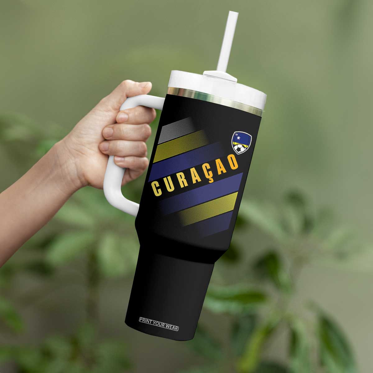 Curaçao Soccer Flag Stripe Jersey Style Tumbler With Handle Football Fans Pride Support