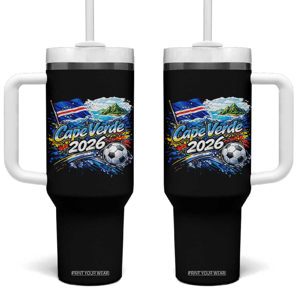 Cape Verde Soccer 2026 Island Flag Tumbler With Handle Cabo Verde Football Team Fans Tropical Pride Gift TS02 One Size: 40 oz Black Print Your Wear