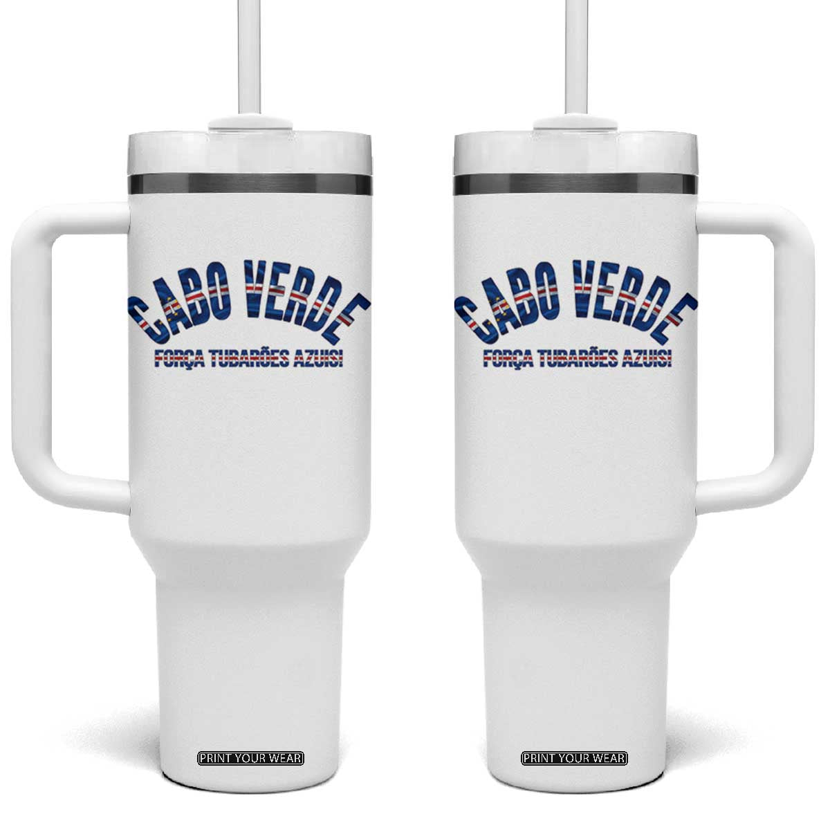 Forca Tubaroes Azuis Cabo Verde National Pride Tumbler With Handle Cape Verde Football Fans Blue Sharks Heritage TS02 One Size: 40 oz White Print Your Wear