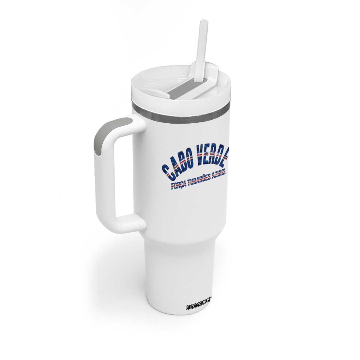 Forca Tubaroes Azuis Cabo Verde National Pride Tumbler With Handle Cape Verde Football Fans Blue Sharks Heritage TS02 Print Your Wear