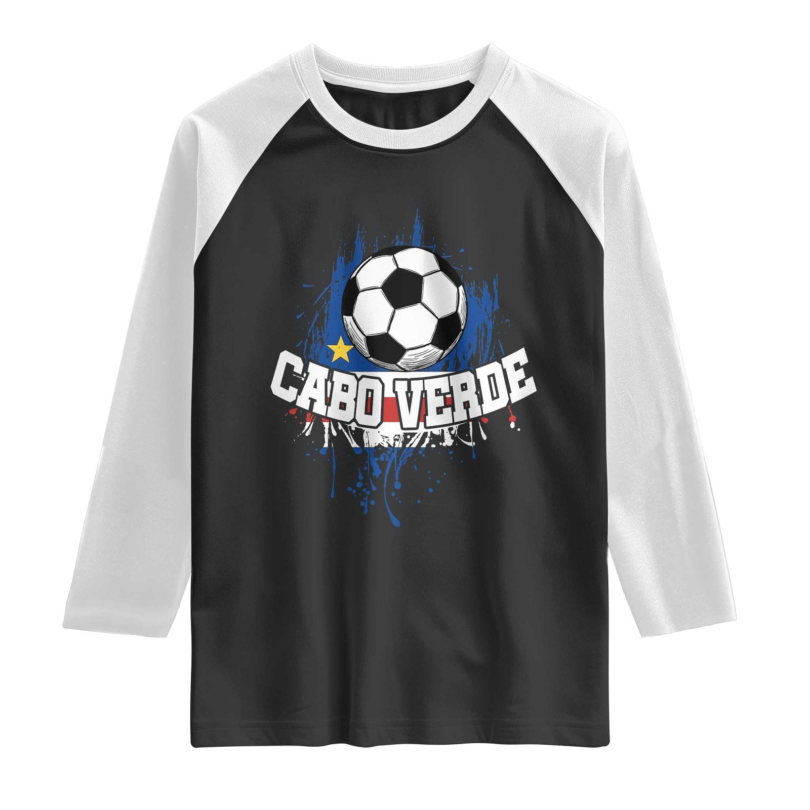 Cabo Verde Flag Football Graphic Raglan Shirt Cape Verde Soccer Fans Artistic Pride TS02 Black White Print Your Wear