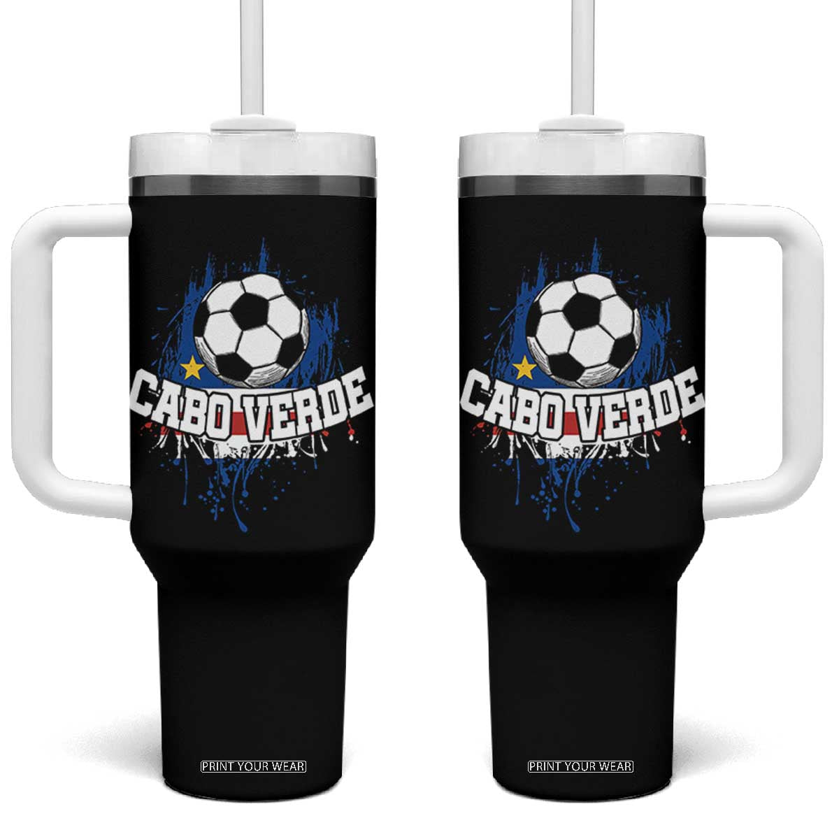 Cabo Verde Flag Football Graphic Tumbler With Handle Cape Verde Soccer Fans Artistic Pride TS02 One Size: 40 oz Black Print Your Wear