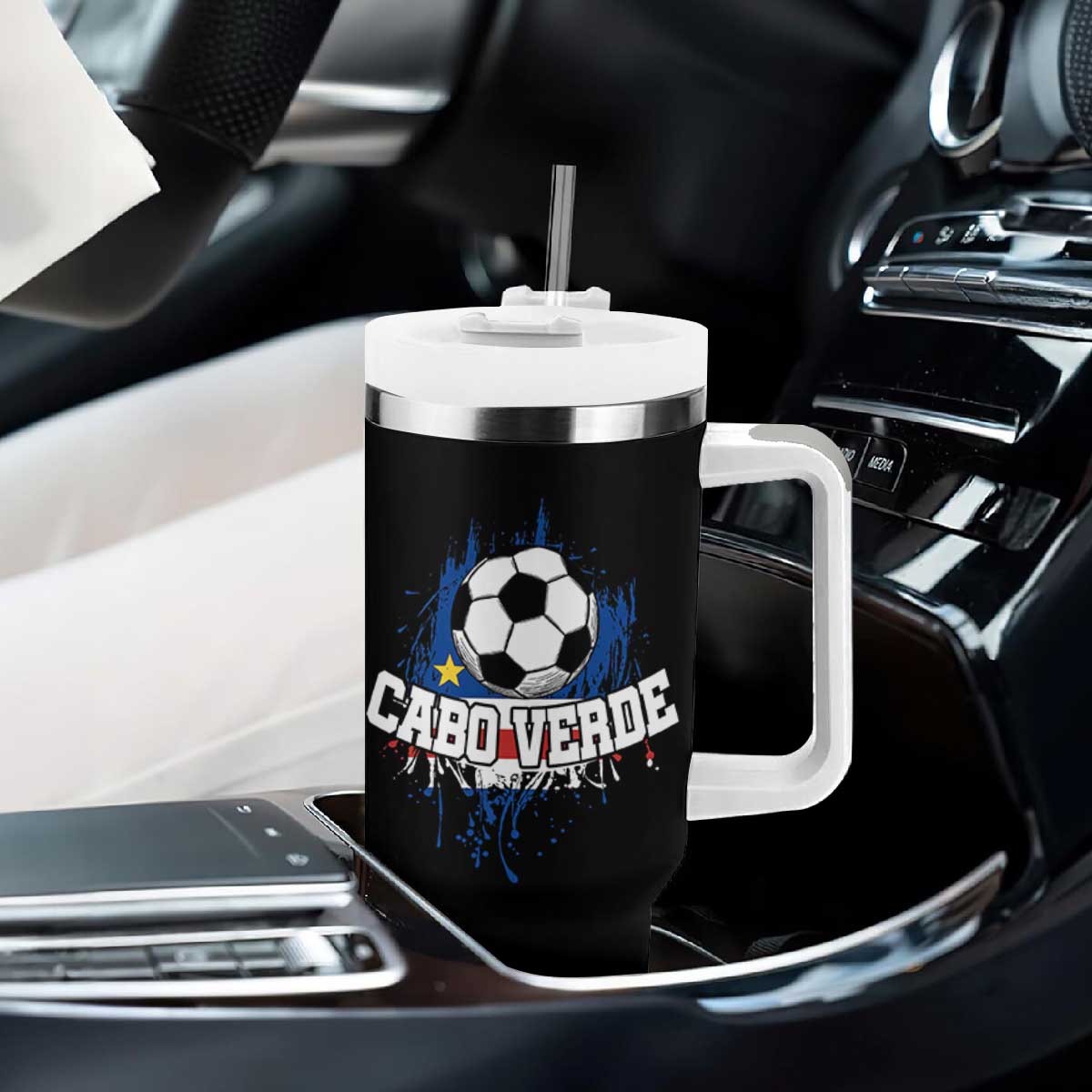 Cabo Verde Flag Football Graphic Tumbler With Handle Cape Verde Soccer Fans Artistic Pride TS02 Print Your Wear