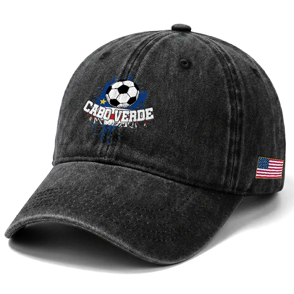 Cabo Verde Flag Football Graphic Washed Cotton Baseball Cap Cape Verde Soccer Fans Artistic Pride