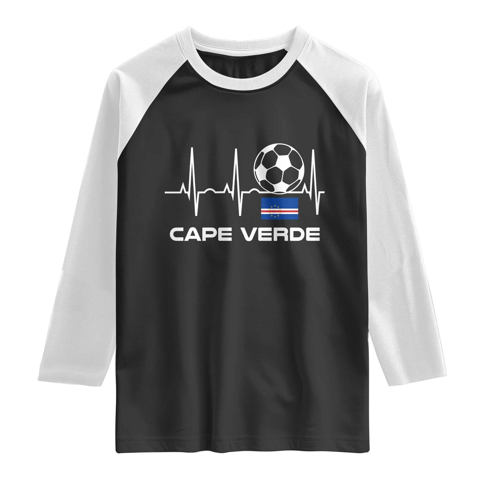 Cape Verde Soccer Heartbeat EKG Pulse Graphic Raglan Shirt Cabo Verde Football Fans Pride TS02 Black White Print Your Wear