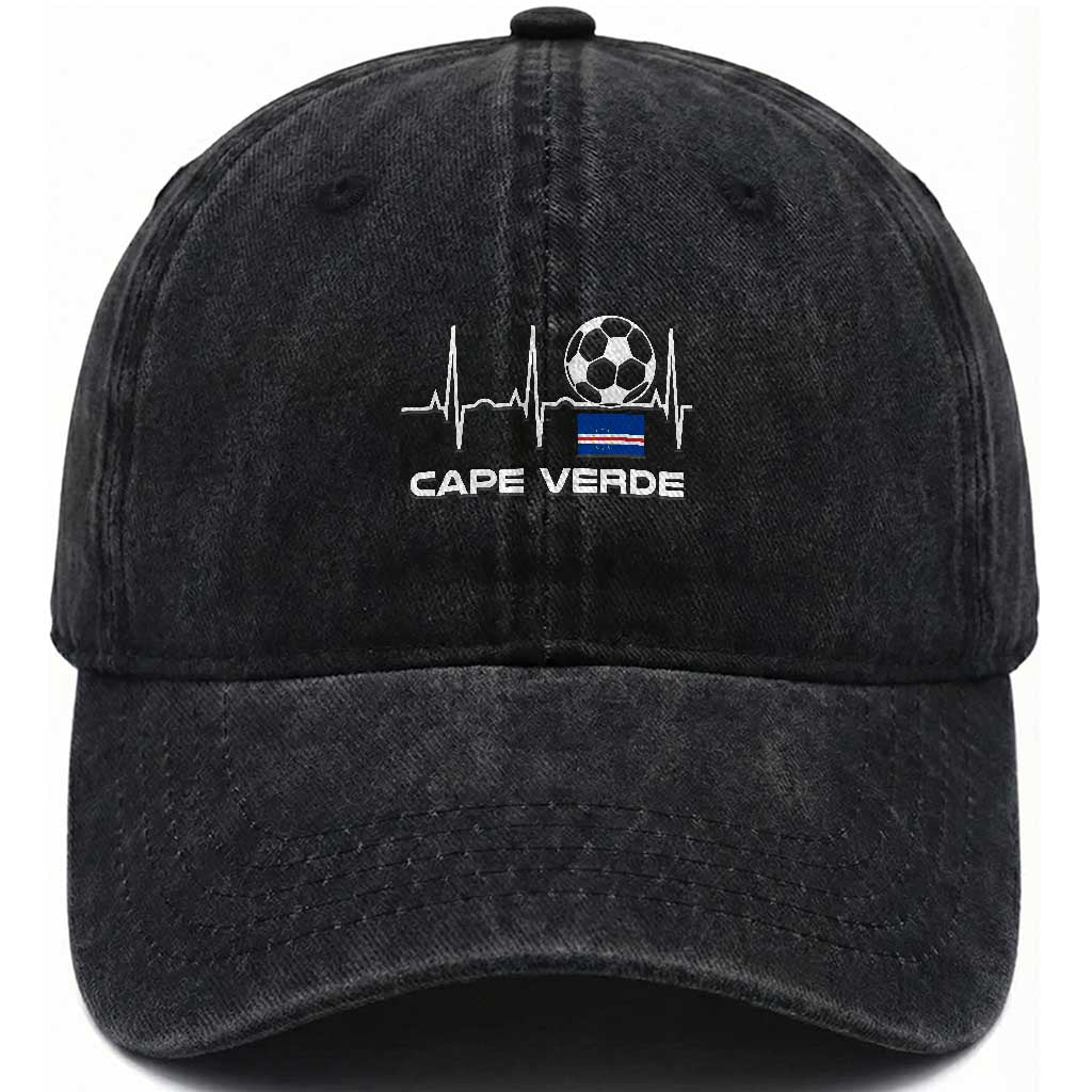 Cape Verde Soccer Heartbeat EKG Pulse Graphic Washed Cotton Baseball Cap Cabo Verde Football Fans Pride TS02 Print Your Wear