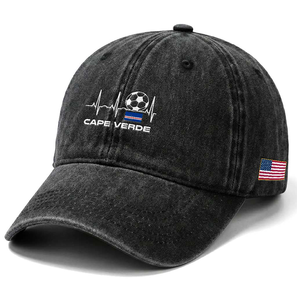 Cape Verde Soccer Heartbeat EKG Pulse Graphic Washed Cotton Baseball Cap Cabo Verde Football Fans Pride