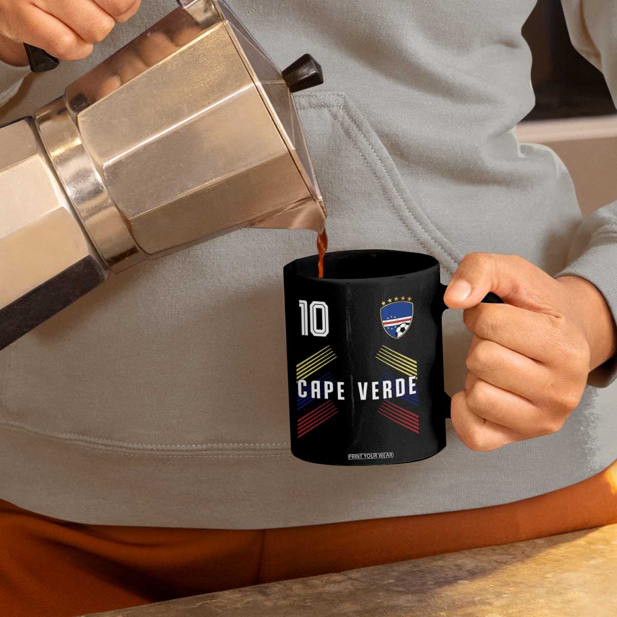 Cabo Verde Football Crest Pride Jersey Style Coffee Mug Cape Verde Soccer Fan Number 10 Athletic