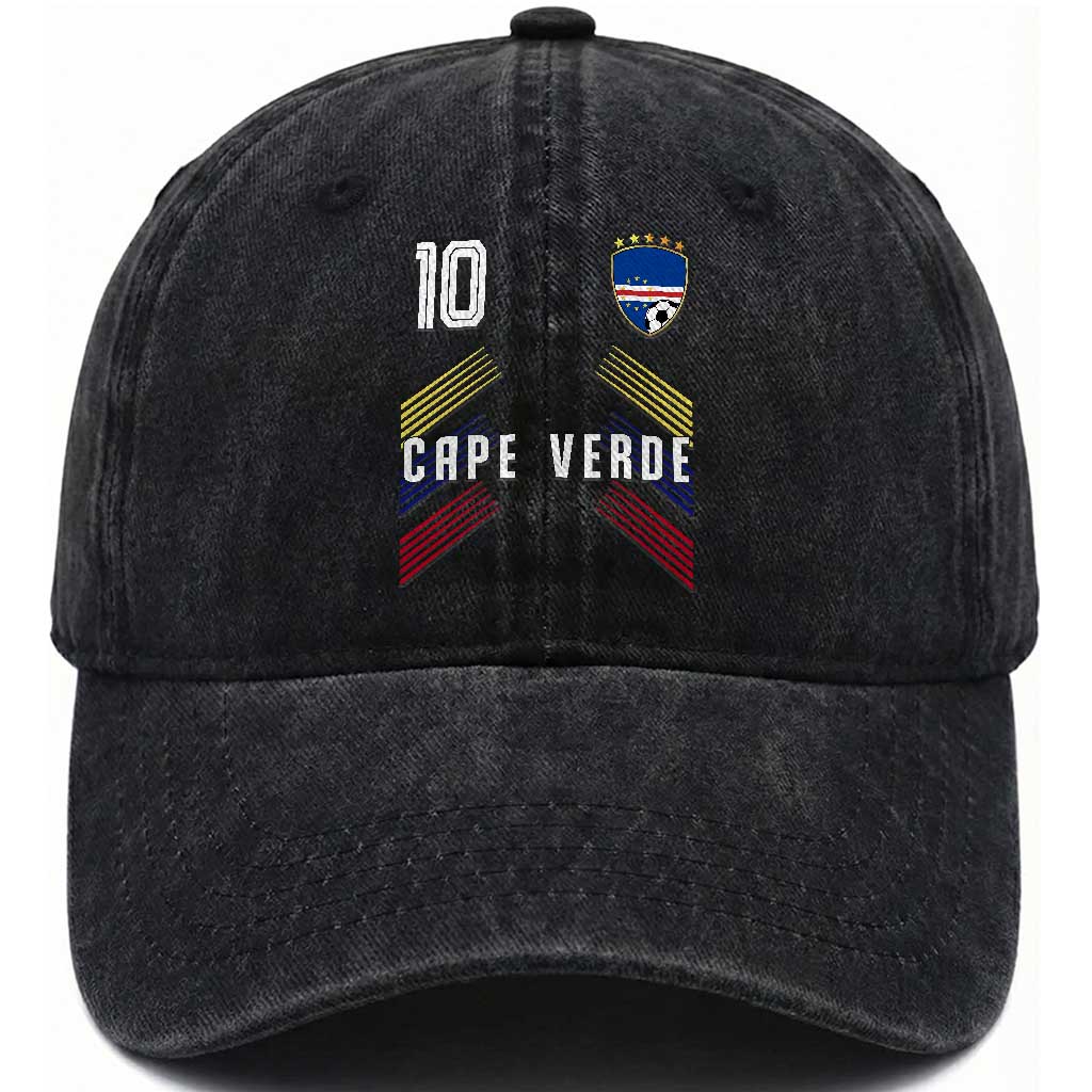 Cabo Verde Football Crest Pride Jersey Style Washed Cotton Baseball Cap Cape Verde Soccer Fan Number 10 Athletic TS02 Print Your Wear