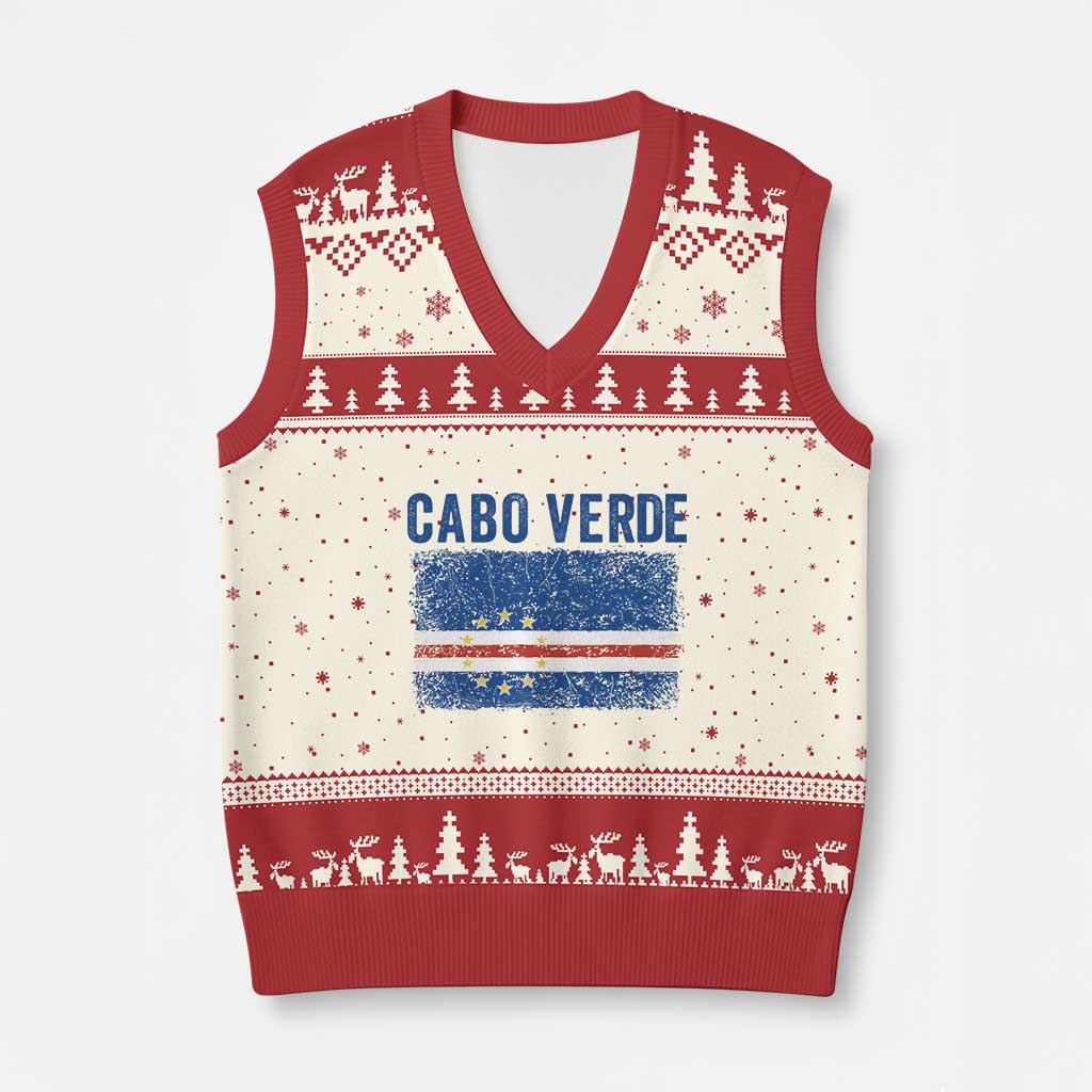 Cabo Verde Distressed Flag National Pride V-Neck Knit Sweater Vest Cape Verde Heritage Pride Retro Grunge Graphic TS02 Beige Red Print Your Wear