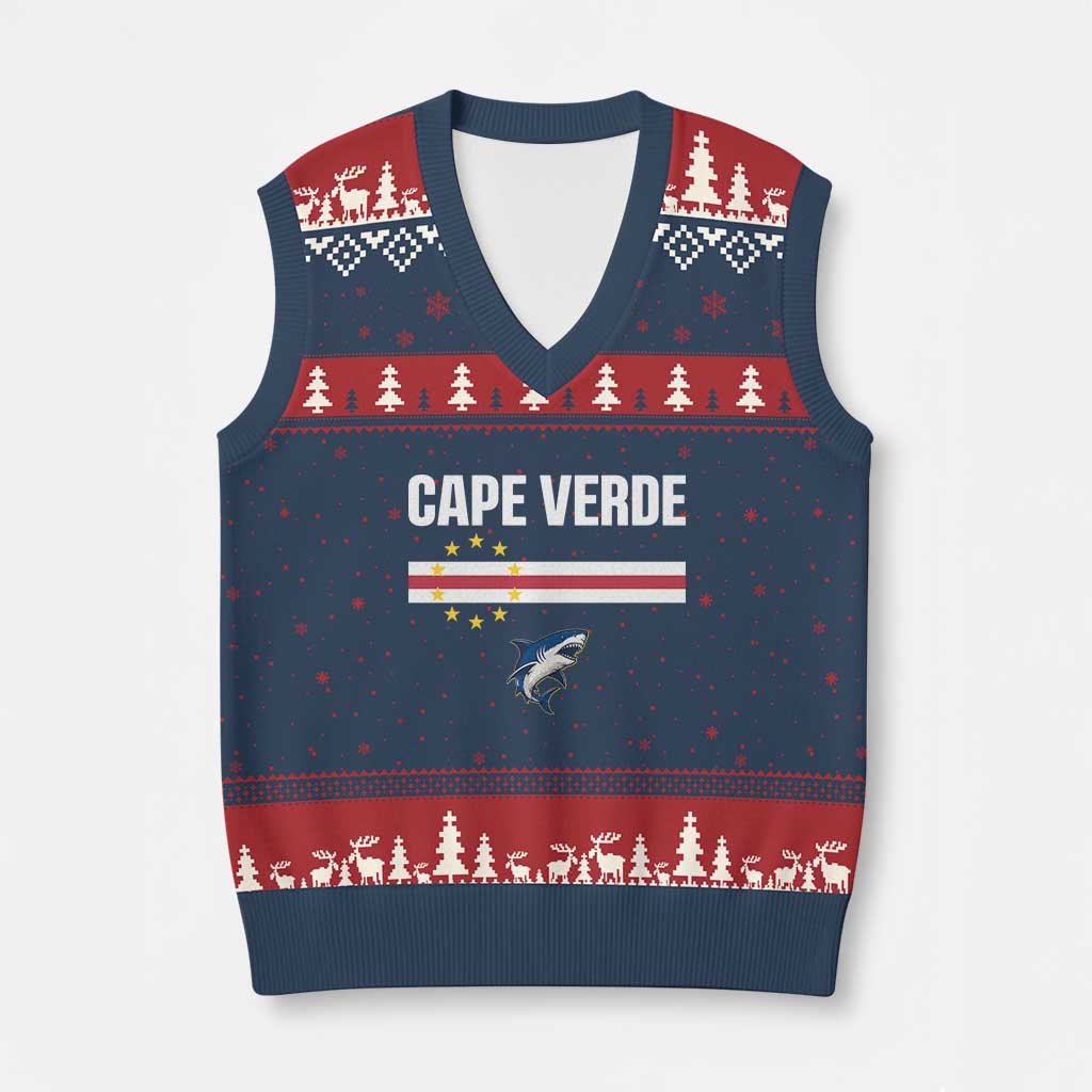 Cape Verde Flag Blue Shark Heritage V-Neck Knit Sweater Vest Cabo Verde Verdean Pride Soccer Football Fans TS02 Navy Red Print Your Wear
