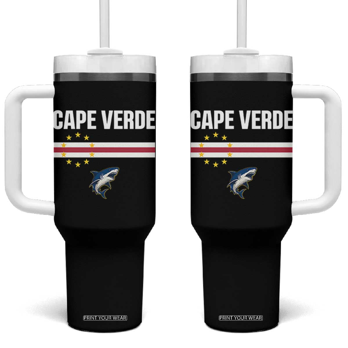 Cape Verde Flag Blue Shark Heritage Tumbler With Handle Cabo Verde Verdean Pride Soccer Football Fans TS02 One Size: 40 oz Black Print Your Wear