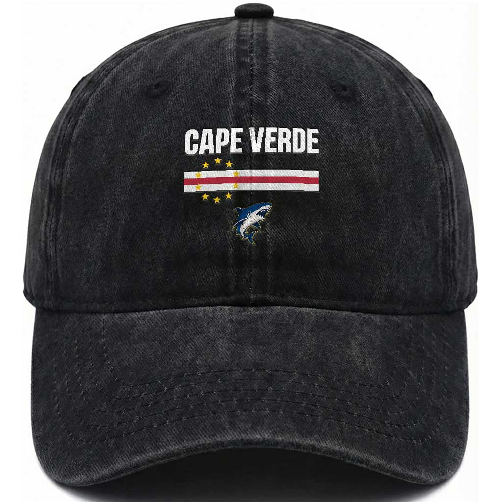 Cape Verde Flag Blue Shark Heritage Washed Cotton Baseball Cap Cabo Verde Verdean Pride Soccer Football Fans
