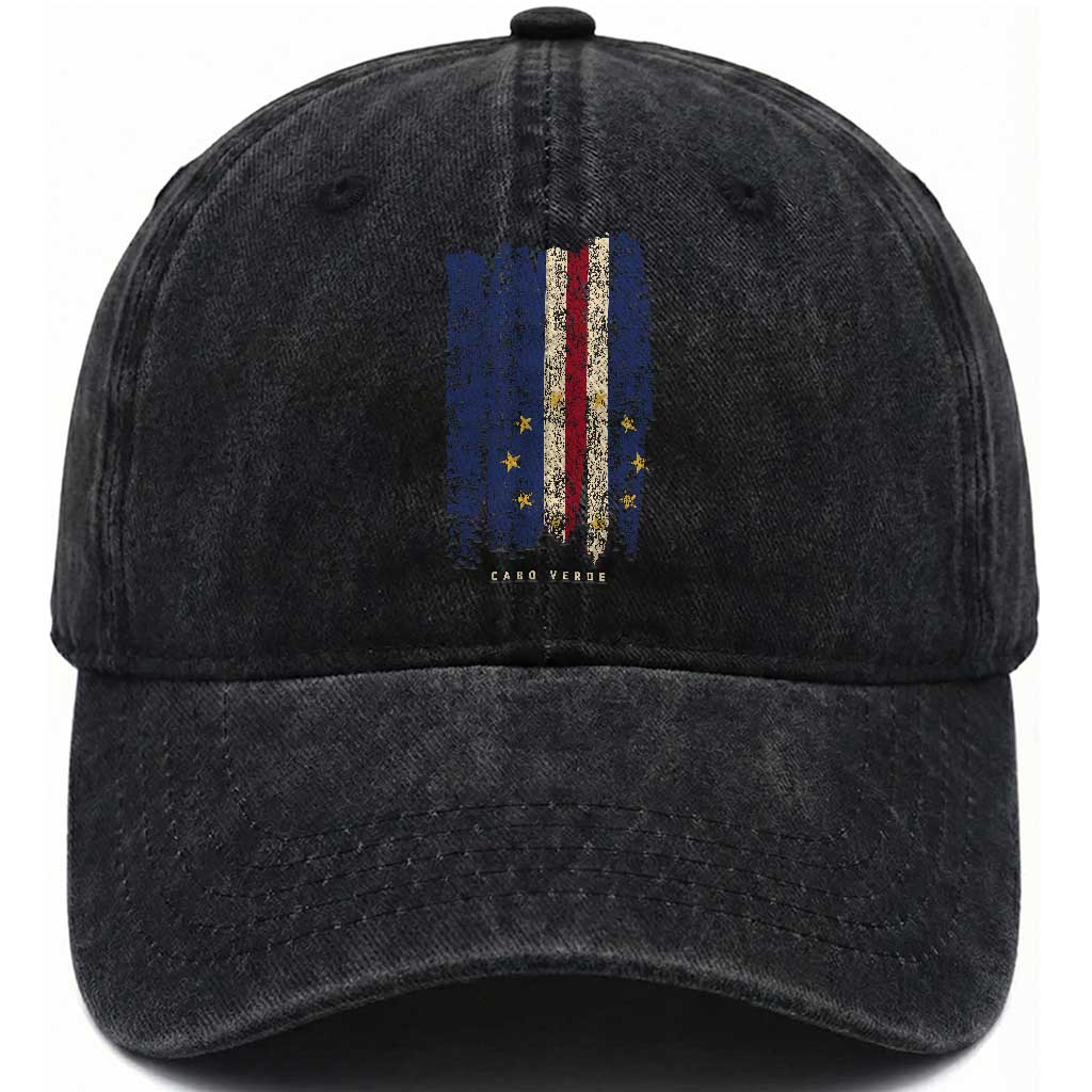 Cape Verde Vertical Brush Stroke Flag Graphic Washed Cotton Baseball Cap Cabo Verde National Pride Artistic Gift