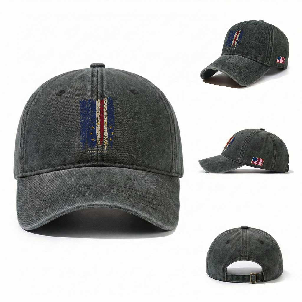 Cape Verde Vertical Brush Stroke Flag Graphic Washed Cotton Baseball Cap Cabo Verde National Pride Artistic Gift