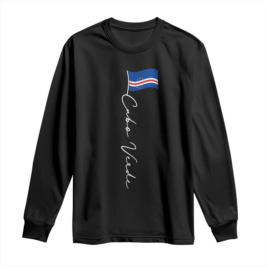 Cabo Verde Elegant Script Flag Graphic Long Sleeve Shirt Cape Verde Minimalist Cursive National Pride Gift TS02 Black Print Your Wear