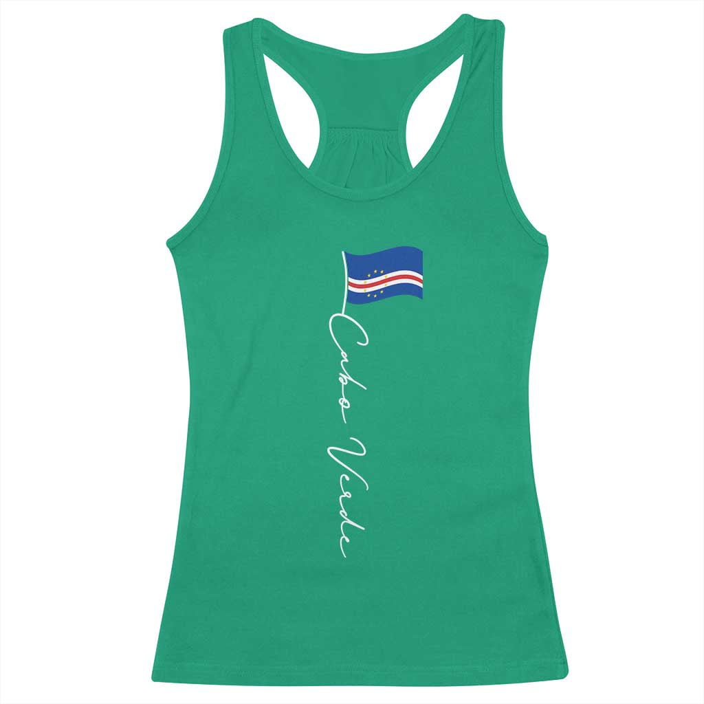 Cabo Verde Elegant Script Flag Graphic Racerback Tank Top Cape Verde Minimalist Cursive National Pride Gift